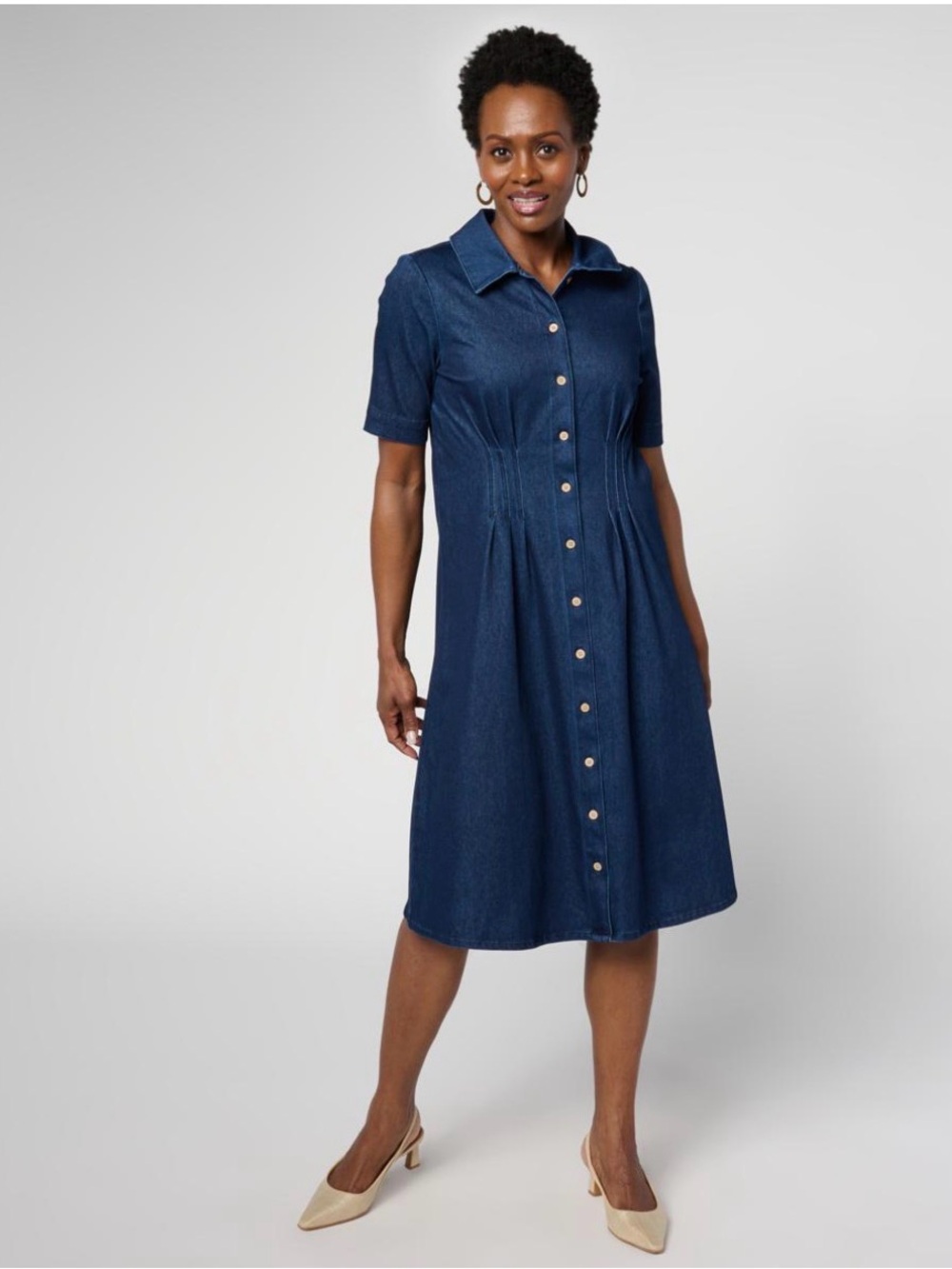 Nina Leonard Collared Button-Front Denim Knit Elbow Sleeve Shirt Dress